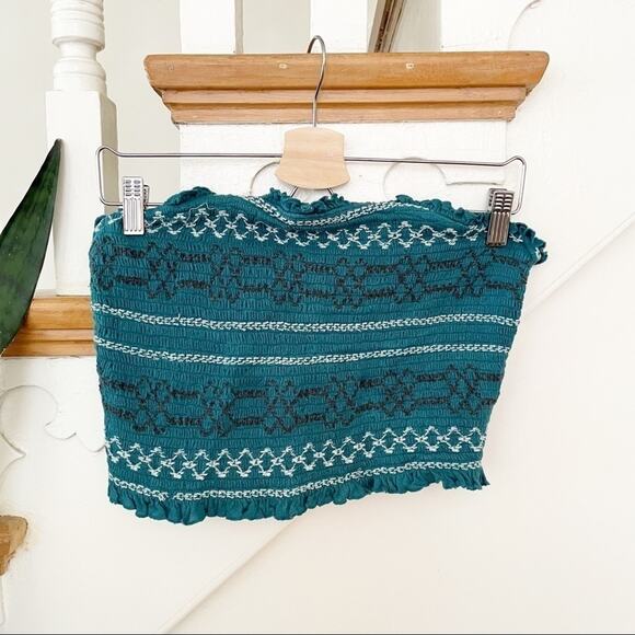 Urban Outfitters Tops - Urban Outfitters teal smocked embroidered tube top Sz L